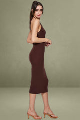 Brown Knit Dress Midi Halter Neck