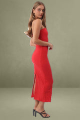 Red Textured Midi Bodycon Boob Tube Dress