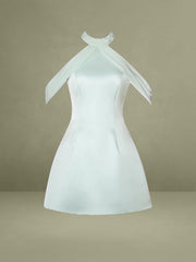 Zafrina Light Cyan Halter Off-shoulder Backless Mini Dress