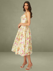 Yellow Floral Print Ruched Breast Linen Midi Dress