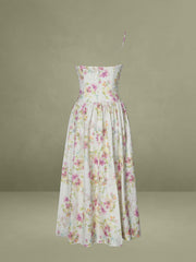 Yellow Floral Print Ruched Breast Linen Midi Dress