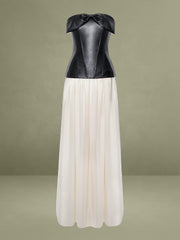 Maayan Black Vegan Leather Corset High Slit Drop Waist Maxi Dress