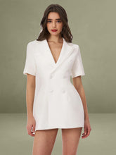 Madelina White Double Breast Satin Trim Blazer Dress