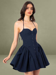 Melody Navy Blue Pinstripe Halter Drop Waist Mini Dress