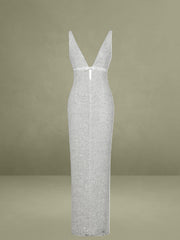 White Beaded Sequin Net Bodycon Evening Gown