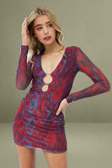 Red Abstract Mini Dress Long Sleeve V-Neck Bodycon Keyhole