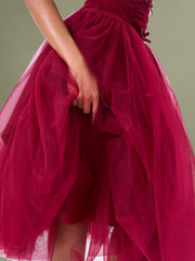 Mabel Burgundy Drop Waist Layered Mesh Midi Puffy Dress with Bow