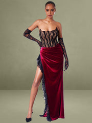Gaia Burgundy Lace Velvet Corset Side Slit Dress