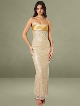 Lainey Gold Satin Sequin Pearls Beaded Maxi Dress
