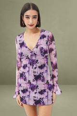 Purple Floral Mesh Long Sleeve Mini Dress