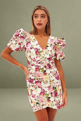 White Floral Mini Dress Puff Sleeve V-Neck