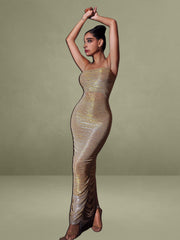 The Glint Gold Ruched Chiffon Long Maxi Dress