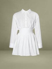 Gabriella White Cotton Eyelet Button Up Long Sleeve Shirt Dress