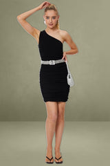 Black One Shoulder Ruched Bodycon Dress