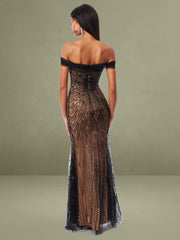 Qeturah Embroidered Sequin Off Shoulder Mesh Gown