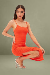 Orange Maxi Dress Textured Minimal Square Neck Bodycon