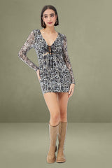 Camel Animal Print Bodycon Dress Long Sleeve Mesh