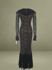 Black Lace Ruffled Mermaid Maxi Dress