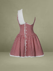 Red Gingham Eyelet Lace Trim Peter Pan Collar Mini Dress