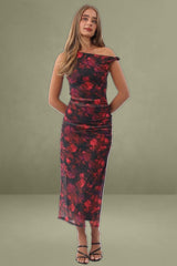 Red Floral Mesh Bodycon Dress