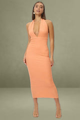 Orange Bodycon Dress Halter Neck Texured
