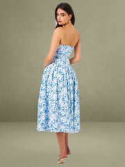 Paloma Blue Print Linen Corset Draping Top Midi Dress