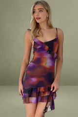 Multi Abstract Bodycon Dress Ruffle Hem Mini Mesh