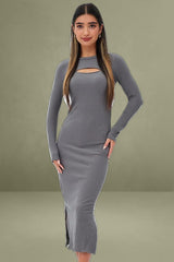 Grey Long Sleeve Mock Neck Cut Out Midi Bodycon Dress