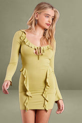 Green Ruffle Mini Dress Bell Cuff Bodycon Dress