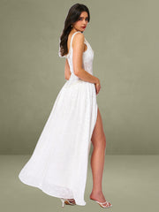 White Square Neck Jacquard Textured High Slit Maxi Dress