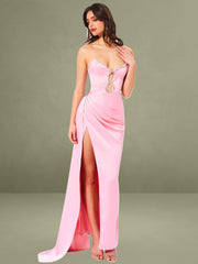 Pink Satin Crystal Embellished High Slit Gown