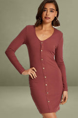 Brown Button Front Bodycon Dress