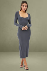 Grey Midi Dress Long Sleeve Bodycon Ribbed