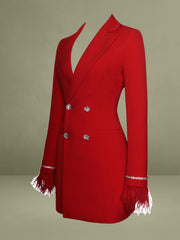 Quilla Red Feather Crystal Sleeve Backless Blazer Dress