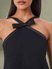 Black Satin Trim Mini Dress with Bow