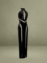 Paityn Black Velvet Mesh Cutout Halter Gown