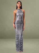 Abril Ruched Silver Glitter Backless Gown