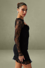 Long Sleeve Ruffle Cuff Corset Black Lace Dress