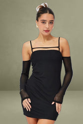 Black Mini Dress Long Sleeve Cold Shoulder Bodycon Mesh