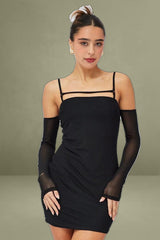 Black Mini Dress Long Sleeve Cold Shoulder Bodycon Mesh
