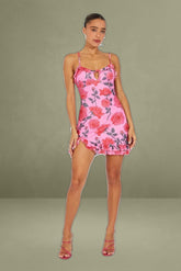 Multi Floral Mini Strappy Ruffle Keyhole Dress
