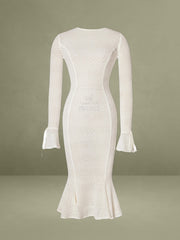 Beige Crochet Long Sleeve Midi Flare Mermaid Dress