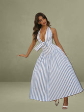 Mackenna Navy Stripe Halter Smock Back Maxi Dress
