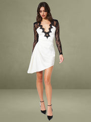 Reese Black Lace Sleeve White Satin Midi Dress