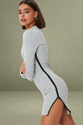 Grey Side Zip Bodycon Ribbed Dress
