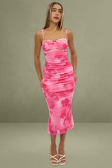 Pink Floral Bodycon Dress Singlet Mesh Midi