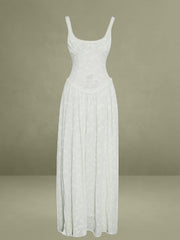 Ulissa Light Green Square Neck Jacquard Textured High Slit Maxi Dress