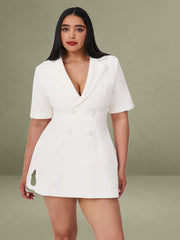 Madelina White Double Breast Satin Trim Blazer Dress