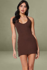 Brown Mini Halter Neck Dress