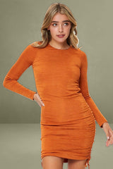 Beige Slinky Jersey Long Sleeve Drawstring Dress